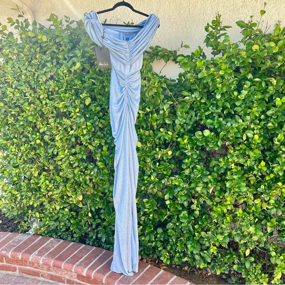 Rhea Costa Ruched Glitter Jersey Gown Light Blue Maxi Dress XS 38 Fits Small NWT - Picture 3 of 9